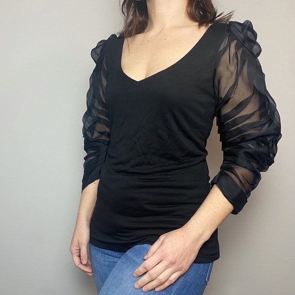 Katharine Kidd Pleated Sheer Sleeve Black Top - Picture 1 of 10